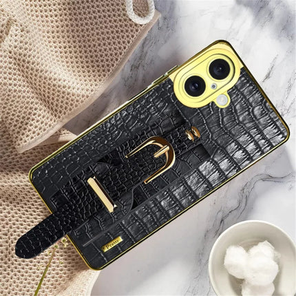 For iPhone 16 Plus Case Wristband Kickstand Crocodile Texture Leather+TPU Electroplating Phone Cover