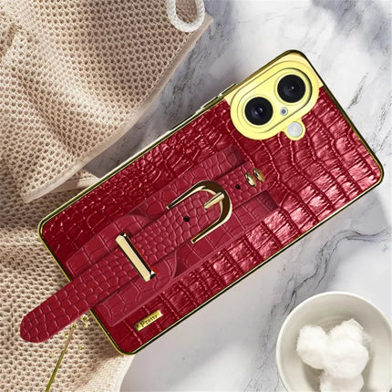 For iPhone 16 Plus Case Wristband Kickstand Crocodile Texture Leather+TPU Electroplating Phone Cover