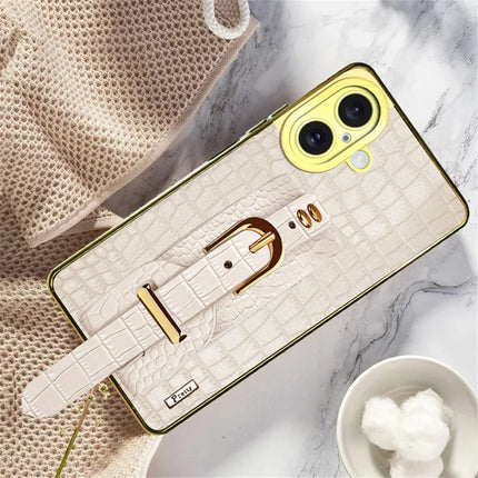 For iPhone 16 Case Wristband Kickstand Crocodile Texture Leather+TPU Electroplating Phone Cover