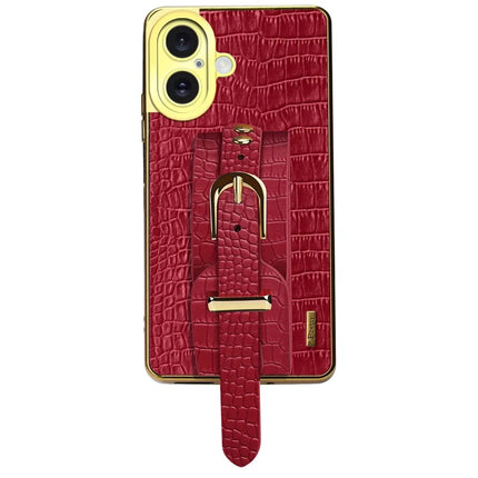 For iPhone 16 Case Wristband Kickstand Crocodile Texture Leather+TPU Electroplating Phone Cover - Red