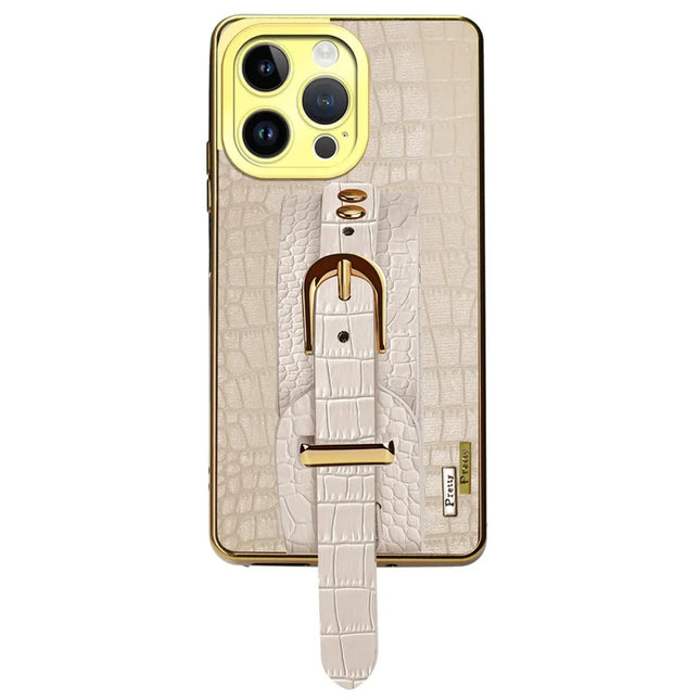 For iPhone 16 Pro Max Case Wristband Kickstand Crocodile Texture Leather+TPU Electroplating Phone Cover - White