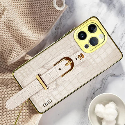 For iPhone 16 Pro Max Case Wristband Kickstand Crocodile Texture Leather+TPU Electroplating Phone Cover