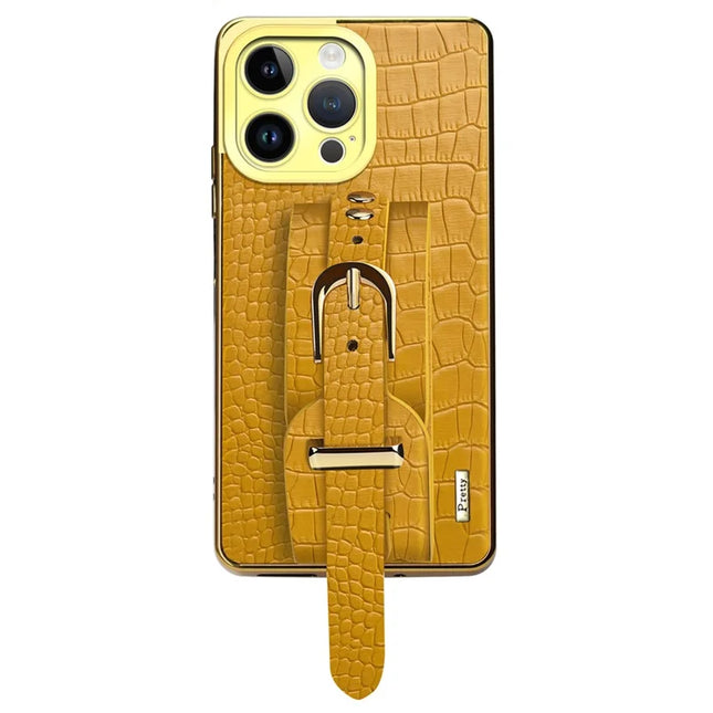 For iPhone 16 Pro Max Case Wristband Kickstand Crocodile Texture Leather+TPU Electroplating Phone Cover - Yellow