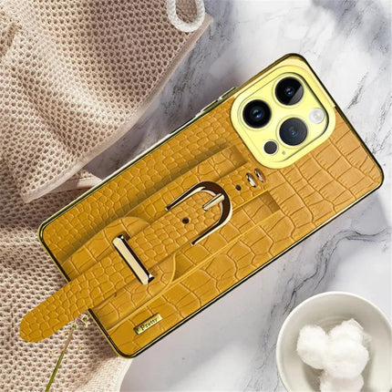 For iPhone 16 Pro Max Case Wristband Kickstand Crocodile Texture Leather+TPU Electroplating Phone Cover