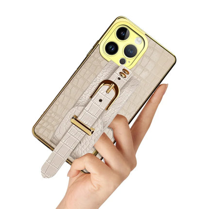 For iPhone 16 Pro Max Case Wristband Kickstand Crocodile Texture Leather+TPU Electroplating Phone Cover