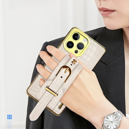 For iPhone 16 Pro Max Case Wristband Kickstand Crocodile Texture Leather+TPU Electroplating Phone Cover