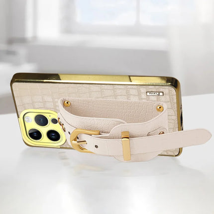For iPhone 16 Pro Max Case Wristband Kickstand Crocodile Texture Leather+TPU Electroplating Phone Cover