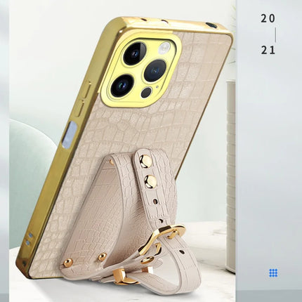 For iPhone 16 Pro Max Case Wristband Kickstand Crocodile Texture Leather+TPU Electroplating Phone Cover