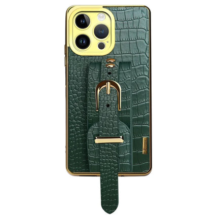 For iPhone 16 Pro Max Case Wristband Kickstand Crocodile Texture Leather+TPU Electroplating Phone Cover - Green