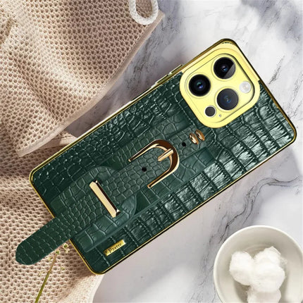 For iPhone 16 Pro Max Case Wristband Kickstand Crocodile Texture Leather+TPU Electroplating Phone Cover