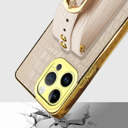 For iPhone 16 Pro Max Case Wristband Kickstand Crocodile Texture Leather+TPU Electroplating Phone Cover