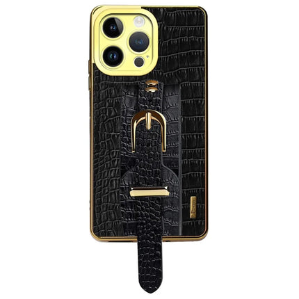 For iPhone 16 Pro Max Case Wristband Kickstand Crocodile Texture Leather+TPU Electroplating Phone Cover - Black