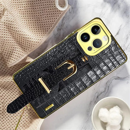 For iPhone 16 Pro Max Case Wristband Kickstand Crocodile Texture Leather+TPU Electroplating Phone Cover