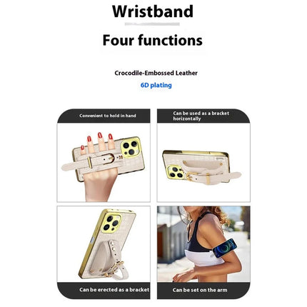 For iPhone 16 Pro Max Case Wristband Kickstand Crocodile Texture Leather+TPU Electroplating Phone Cover