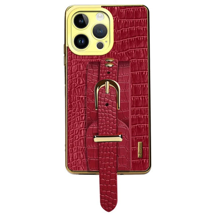 For iPhone 16 Pro Max Case Wristband Kickstand Crocodile Texture Leather+TPU Electroplating Phone Cover - Red