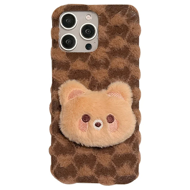 For iPhone 16 Pro Max Case Cute Furry Warm Plush Hard PC Winter Phone Cover - Bear