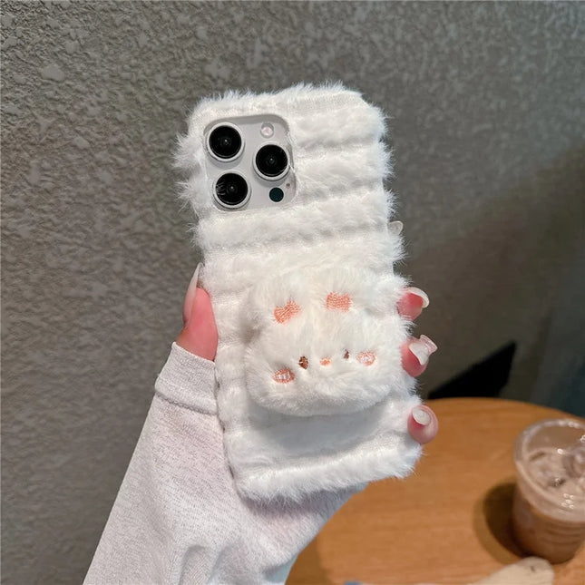 For iPhone 16 Pro Max Case Cute Furry Warm Plush Hard PC Winter Phone Cover - Rabbit