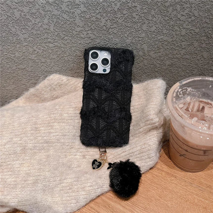 For iPhone 16 Pro Case Soft Plush Hard PC Winter Phone Cover with Cute Keychain Accessory