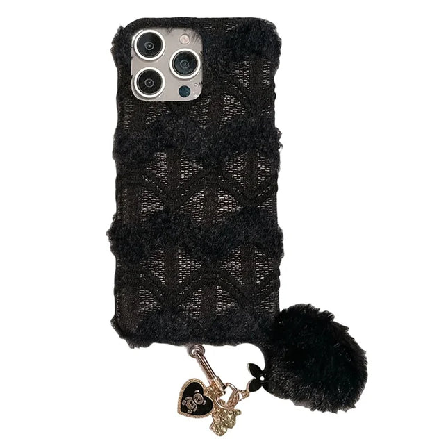 For iPhone 16 Pro Max Case Soft Plush Hard PC Winter Phone Cover with Cute Keychain Accessory - Black
