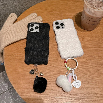 For iPhone 16 Pro Max Case Soft Plush Hard PC Winter Phone Cover with Cute Keychain Accessory