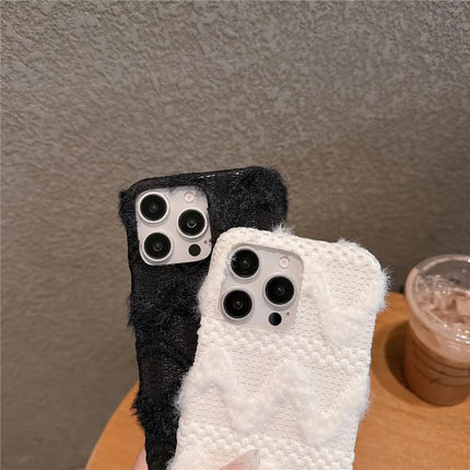 For iPhone 16 Pro Max Case Soft Plush Hard PC Winter Phone Cover with Cute Keychain Accessory