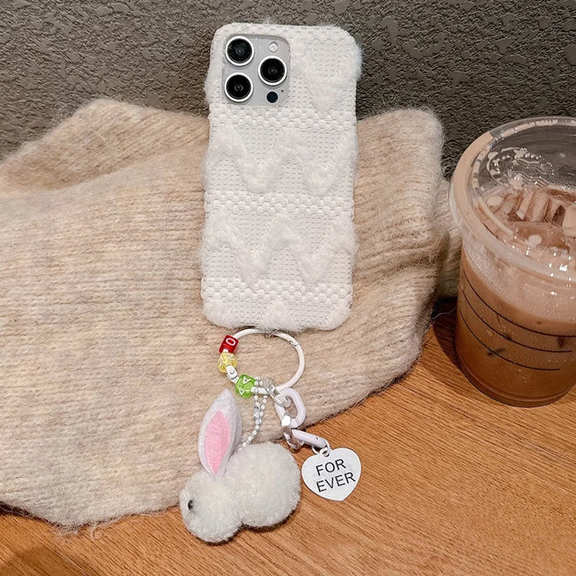 For iPhone 16 Pro Max Case Soft Plush Hard PC Winter Phone Cover with Cute Keychain Accessory - White