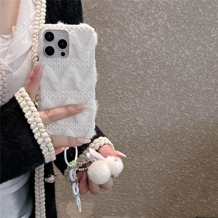 For iPhone 16 Pro Max Case Soft Plush Hard PC Winter Phone Cover with Cute Keychain Accessory