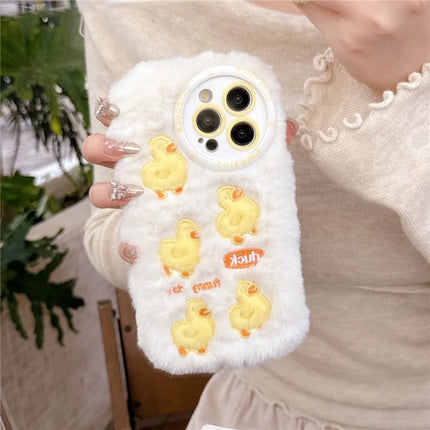 For iPhone 16 Pro Case Duck Embroidery Furry Warm Plush Soft TPU Phone Cover