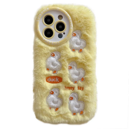 For iPhone 16 Pro Max Case Duck Embroidery Furry Warm Plush Soft TPU Phone Cover - Yellow