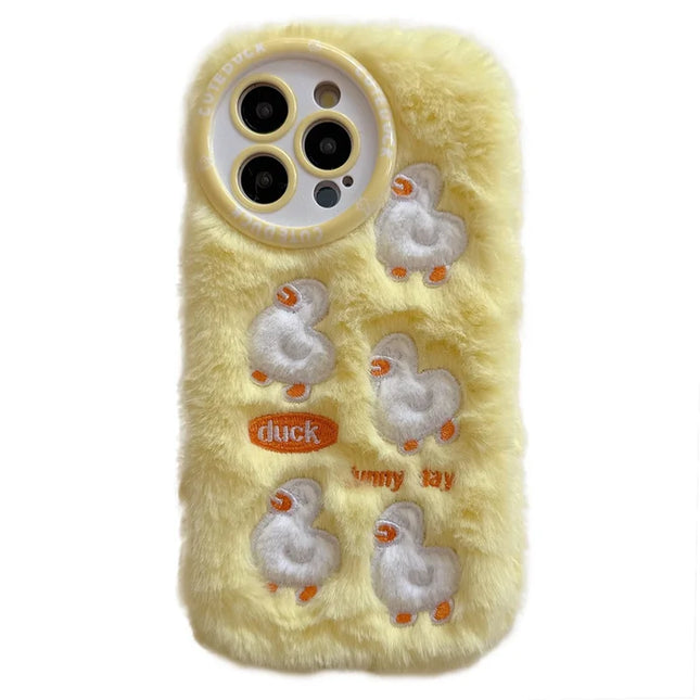 For iPhone 16 Pro Max Case Duck Embroidery Furry Warm Plush Soft TPU Phone Cover - Yellow