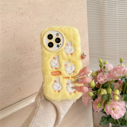 For iPhone 16 Pro Max Case Duck Embroidery Furry Warm Plush Soft TPU Phone Cover