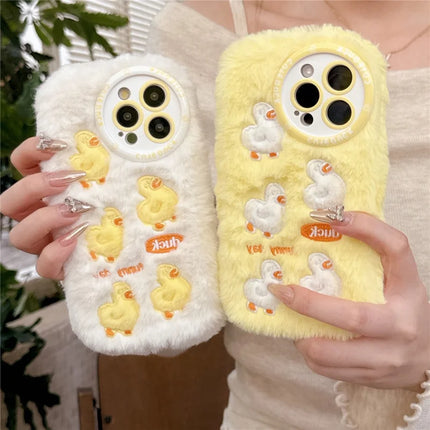 For iPhone 16 Pro Max Case Duck Embroidery Furry Warm Plush Soft TPU Phone Cover