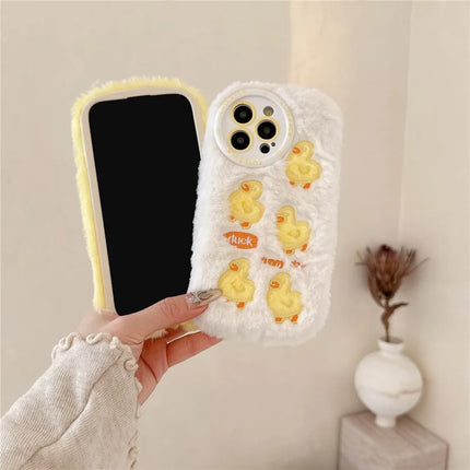 For iPhone 16 Pro Max Case Duck Embroidery Furry Warm Plush Soft TPU Phone Cover