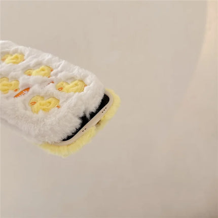 For iPhone 16 Pro Max Case Duck Embroidery Furry Warm Plush Soft TPU Phone Cover