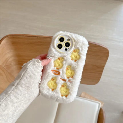 For iPhone 16 Pro Max Case Duck Embroidery Furry Warm Plush Soft TPU Phone Cover