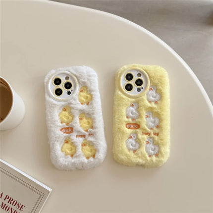 For iPhone 16 Pro Max Case Duck Embroidery Furry Warm Plush Soft TPU Phone Cover