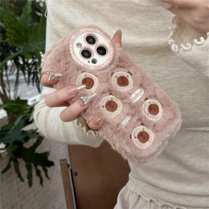 For iPhone 16 Pro Case Embroidery Cute Bears Furry TPU Warm Phone Cover