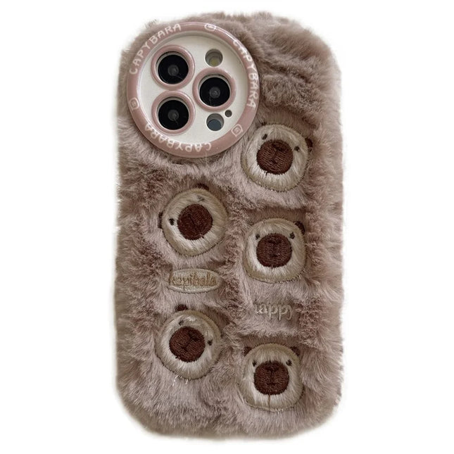 For iPhone 16 Pro Max Case Embroidery Cute Bears Furry TPU Warm Phone Cover - Brown