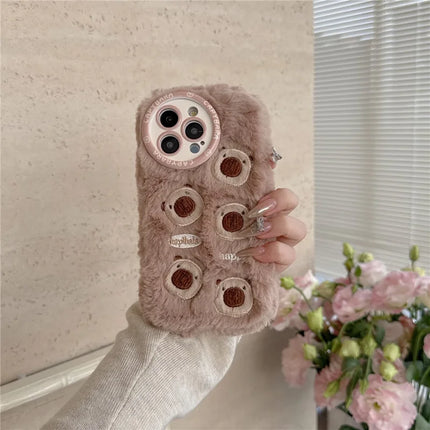 For iPhone 16 Pro Max Case Embroidery Cute Bears Furry TPU Warm Phone Cover