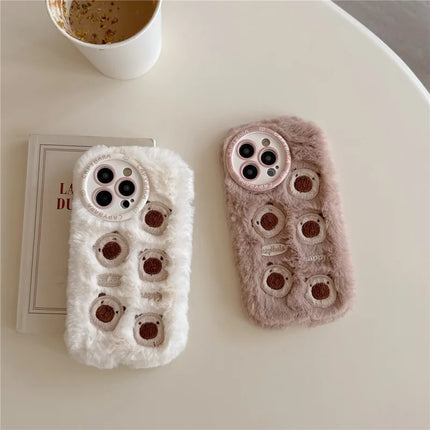 For iPhone 16 Pro Max Case Embroidery Cute Bears Furry TPU Warm Phone Cover