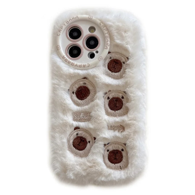 For iPhone 16 Pro Max Case Embroidery Cute Bears Furry TPU Warm Phone Cover - White