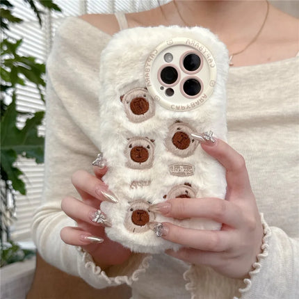 For iPhone 16 Pro Max Case Embroidery Cute Bears Furry TPU Warm Phone Cover
