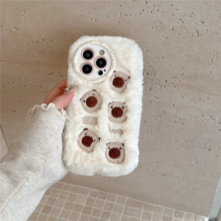 For iPhone 16 Pro Max Case Embroidery Cute Bears Furry TPU Warm Phone Cover