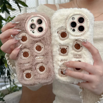 For iPhone 16 Pro Max Case Embroidery Cute Bears Furry TPU Warm Phone Cover