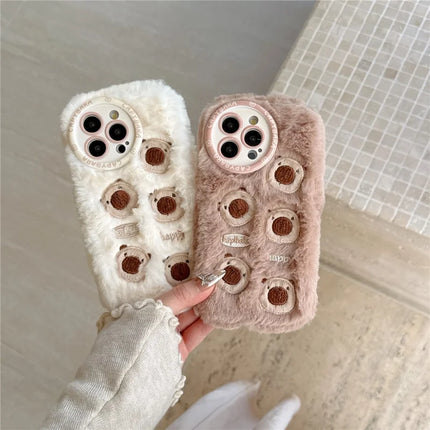 For iPhone 16 Pro Max Case Embroidery Cute Bears Furry TPU Warm Phone Cover