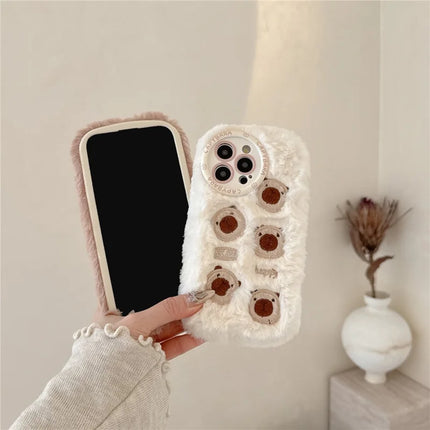 For iPhone 16 Pro Max Case Embroidery Cute Bears Furry TPU Warm Phone Cover