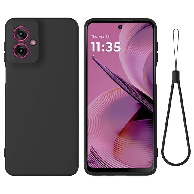 For Motorola Moto G55 5G Case Liquid Silicone Anti-Scratch Phone Cover with Hand Strap - Black