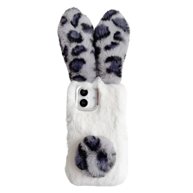 For iPhone 16 Plus Case Fluffy Leopard Splicing Bunny Plush TPU Phone Cover - Black