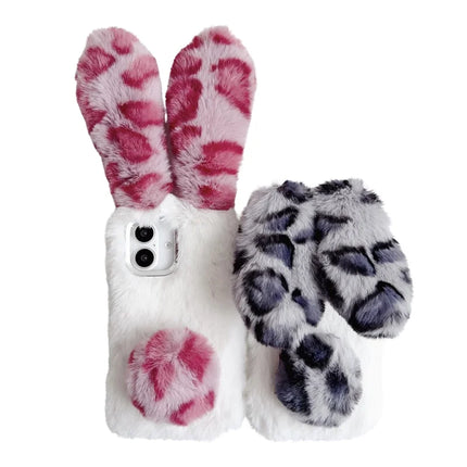 For iPhone 16 Plus Case Fluffy Leopard Splicing Bunny Plush TPU Phone Cover