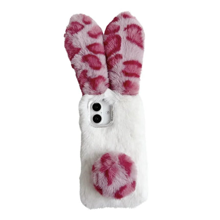 For iPhone 16 Plus Case Fluffy Leopard Splicing Bunny Plush TPU Phone Cover - Pink